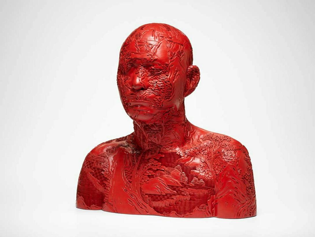 Artwork Human human - landscape carved lacquer bust no.5 this artwork made of Lacquer carved relief on resin fibreglass, created in 2000-01-01