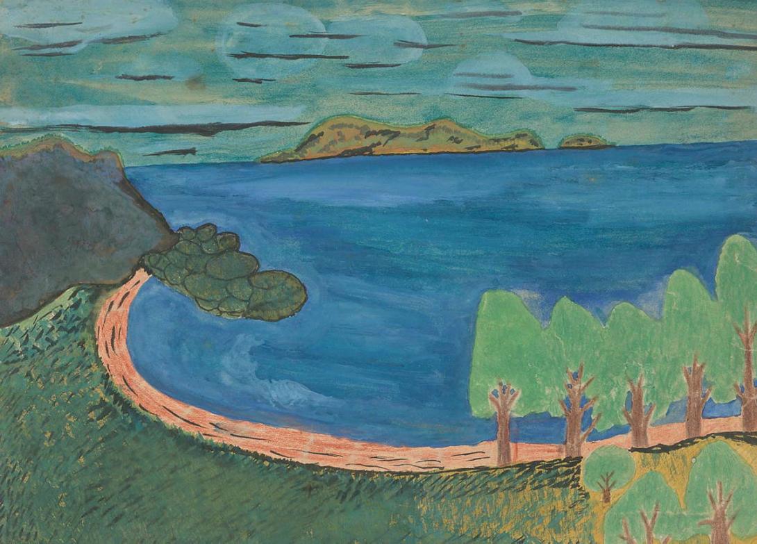 Artwork (Coastal landscape) this artwork made of Gouache and coloured pencil on paper on board