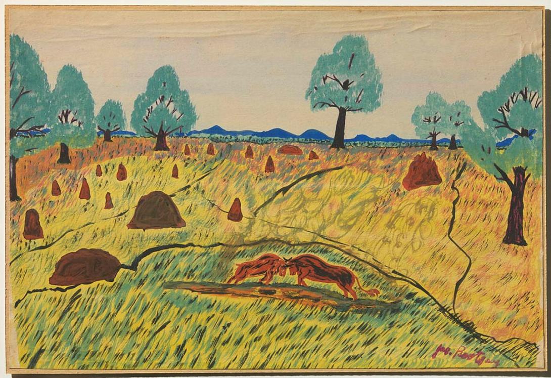 Artwork (Bull fight) this artwork made of Gouache on paper on board