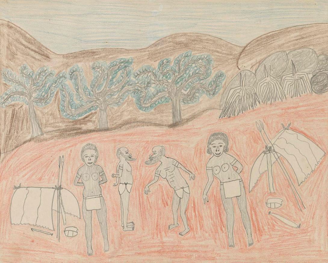 Artwork (Aboriginal camp) this artwork made of Coloured pencil and graphite on paper