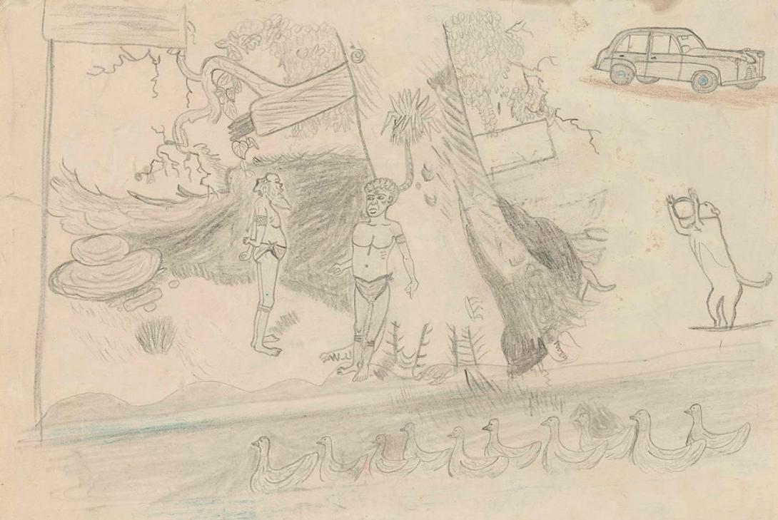 Artwork (Aboriginal men at creek) this artwork made of Coloured pencil and graphite on paper