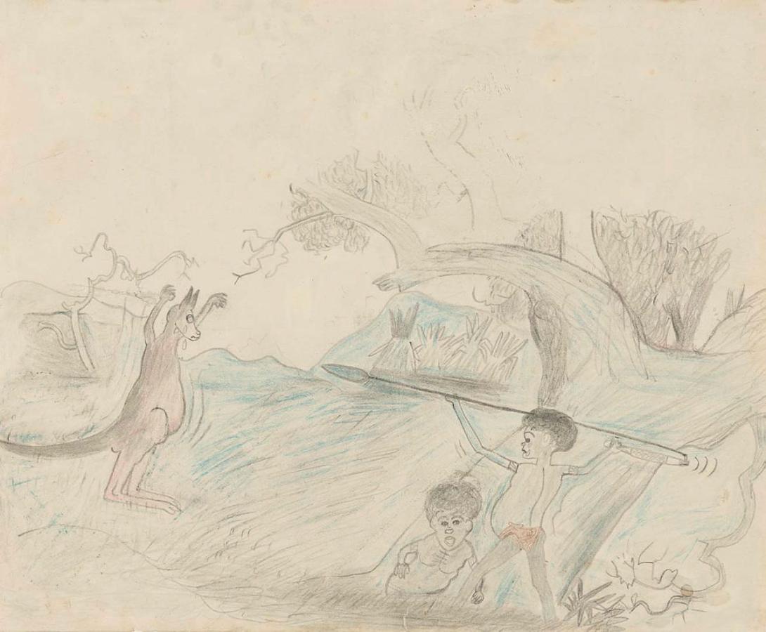 Artwork (Kids hunting kangaroo) this artwork made of Coloured pencil on paper