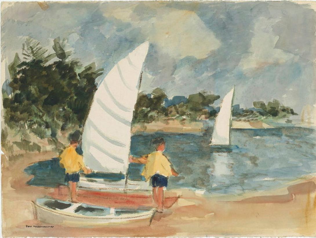 Artwork Boys and sailing boats this artwork made of Watercolour and gouache on buff wove paper, created in 1970-01-01