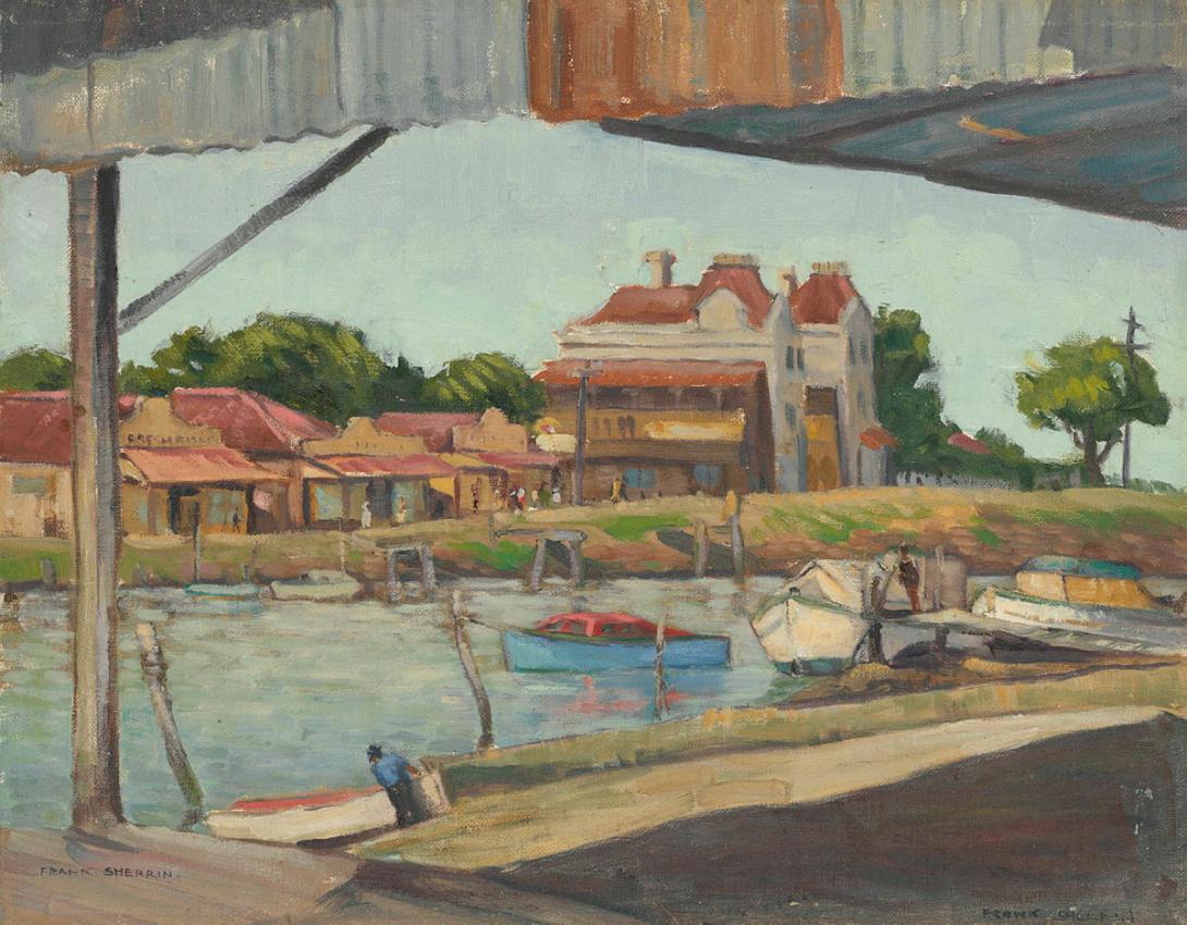 Artwork Boat anchorage, Breakfast Creek this artwork made of Oil on canvas on board, created in 1945-01-01