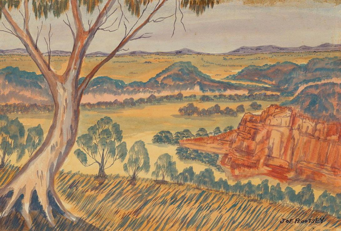 Artwork (Red escarpment) this artwork made of Watercolour on paper, created in 1959-01-01