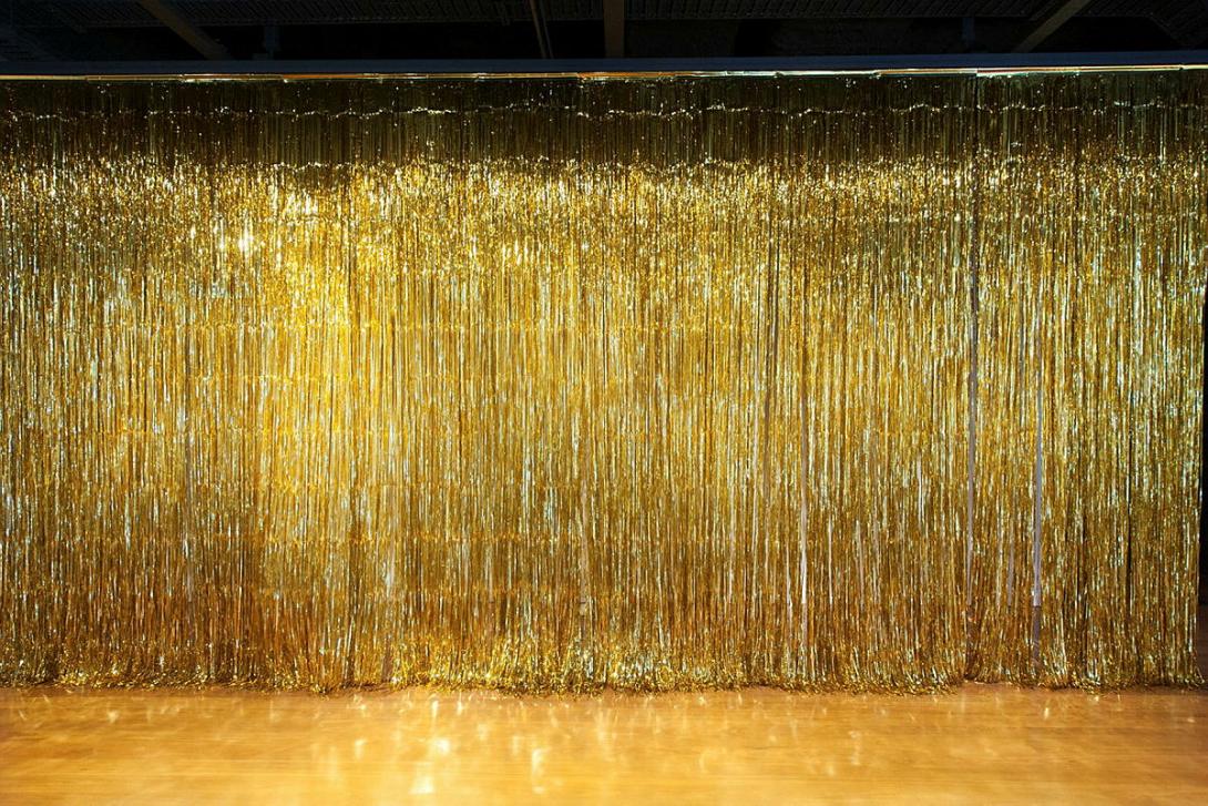 Artwork Untitled Cascade this artwork made of Tinsel, domestic fan, created in 2012-01-01