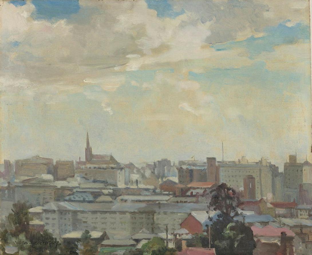 Artwork Brisbane skyline this artwork made of Oil on board