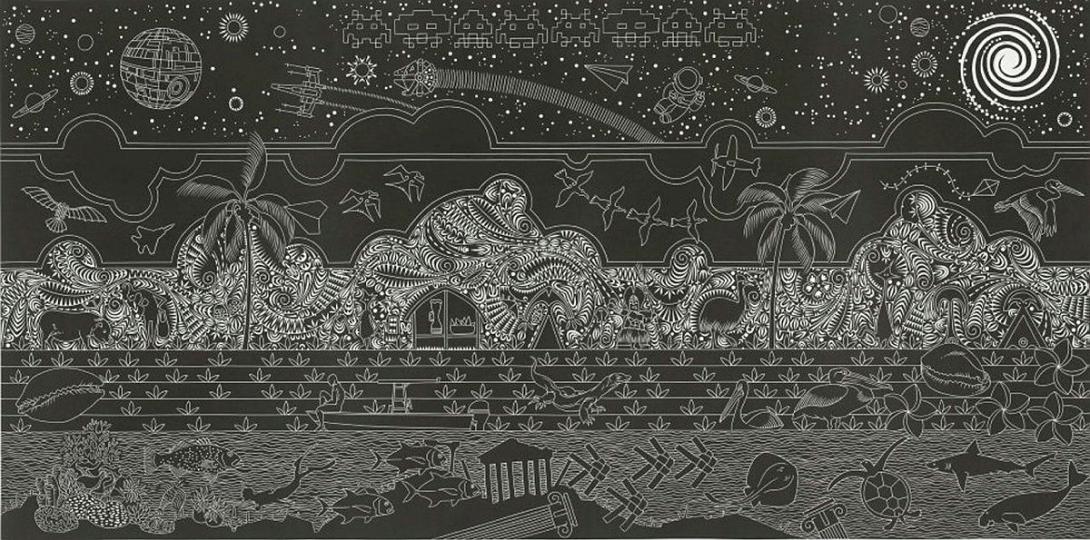 Artwork Lagalgal: The Mysteries of our Land this artwork made of Vinyl-cut on Hahnemule Hellweiss 350gsm alpha-cotton paper printed in black ink from one block