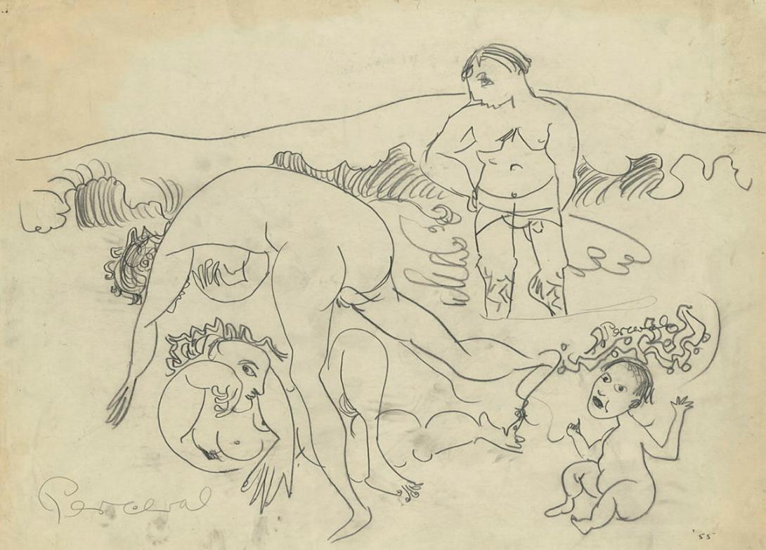 Artwork Figures by the sea this artwork made of Pencil on paper, created in 1955-01-01