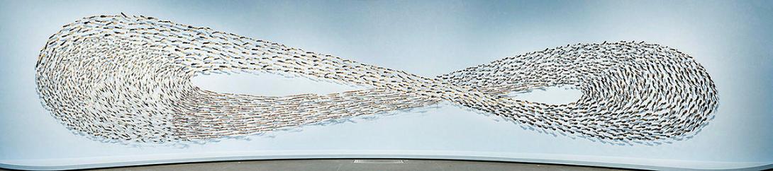 Artwork untitled (giran) this artwork made of Bindu-gaany (freshwater mussel shell), gabudha (rush), gawurra (feathers), marrung dinawan (emu egg), walung (stone), wambuwung dhabal (kangaroo bone), wayu (string), wiiny (wood) on wire pins, 48-channel soundscape, eucalyptus oil, created in 2018-01-01