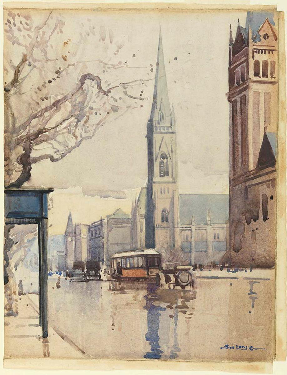 Artwork Collins Street, Melbourne this artwork made of Watercolour over pencil on cardboard