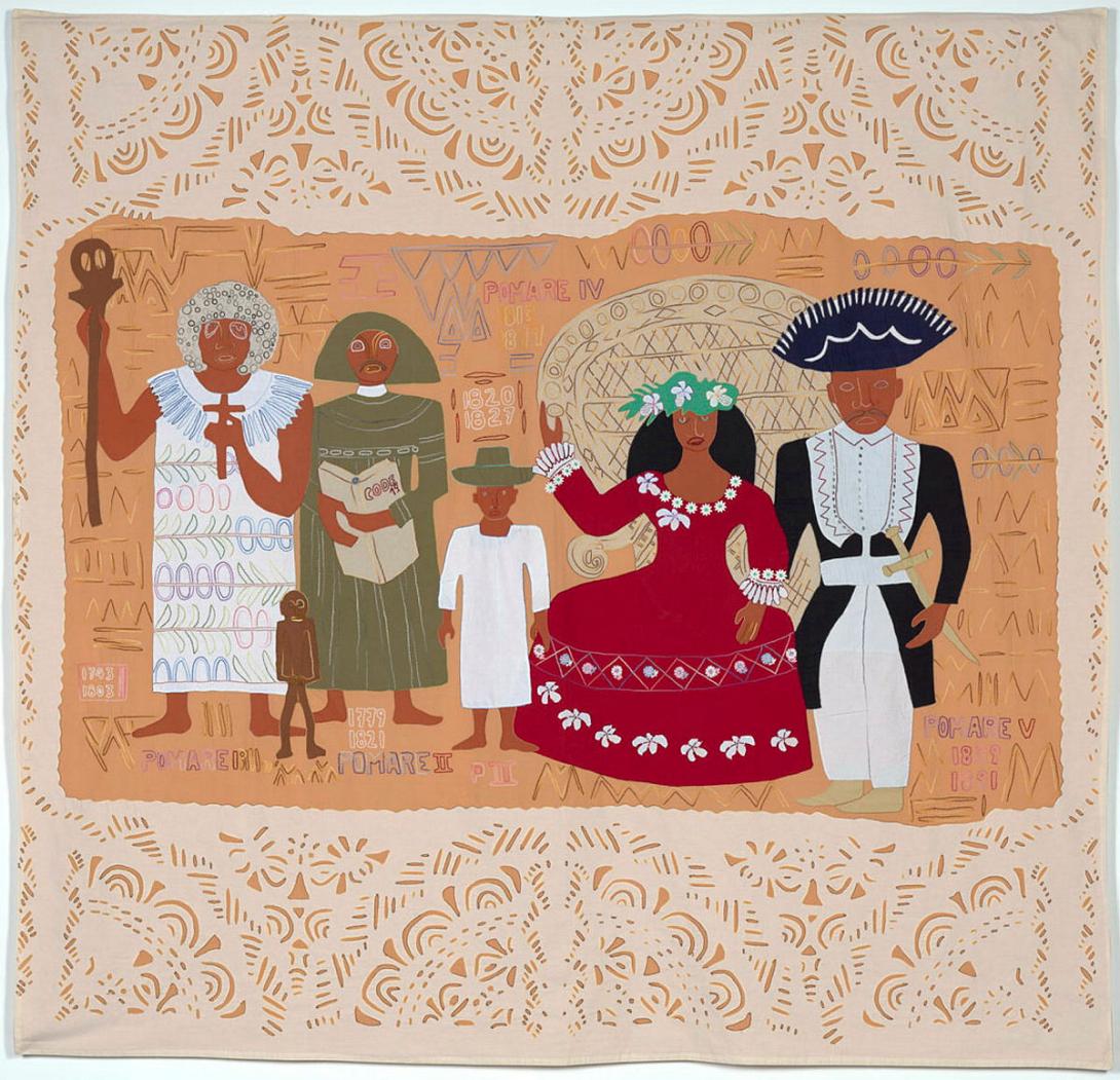 Artwork La Famille Pomare (tifaifai) (Pa'oti style) this artwork made of Commercial cotton cloth and thread in appliqué and embroidered technique, created in 1991-01-01
