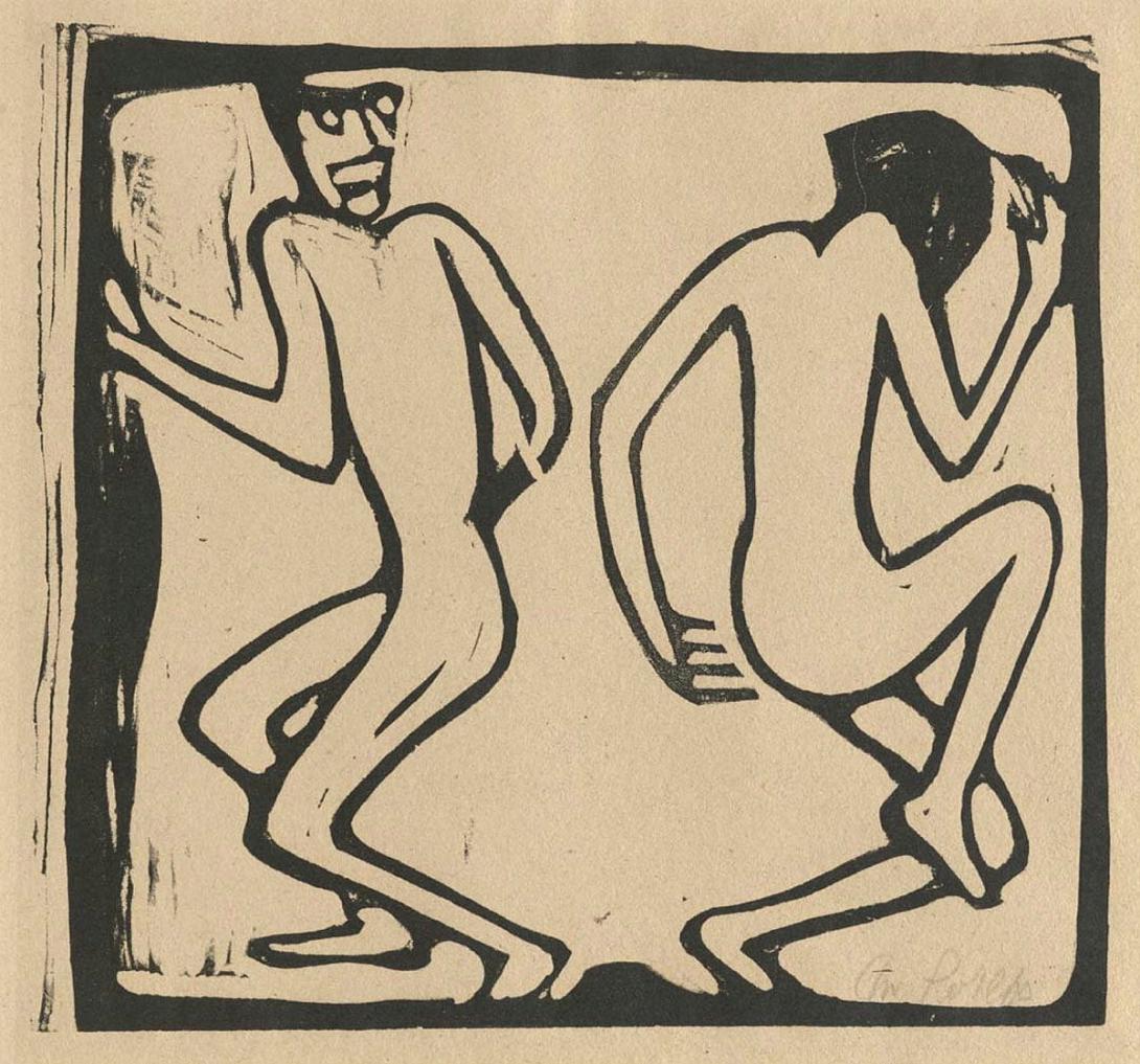 Artwork Zwei tanzende (Two dancers) this artwork made of Woodcut on cream wove paper, created in 1913-01-01