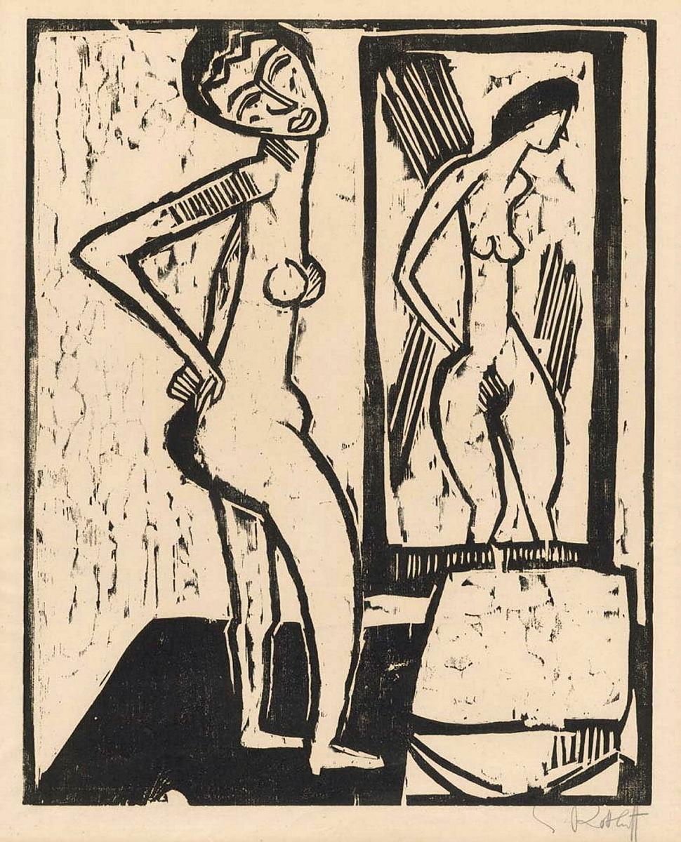 Artwork Mädchen vor dem spiegel (Girl before a mirror) this artwork made of Woodcut on paper, created in 1914-01-01
