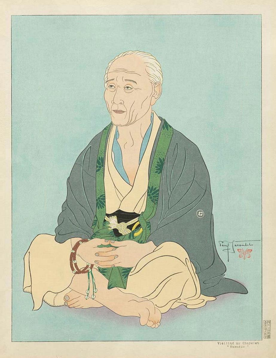 Artwork Vieillard au Chapelet. Kawadzu (Old man with rosary. Kawadzu)  this artwork made of Colour woodblock print on PJ watermarked paper, created in 1940-01-01