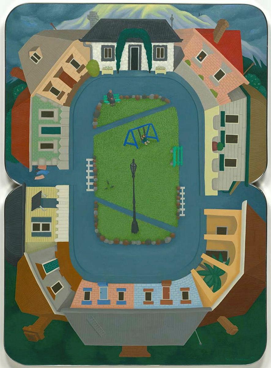 Artwork 8th month:  Hobart, Arthur's circus (from 'Twelve months Australia' series) this artwork made of Oil on canvas on composition board, edged in aluminium, created in 1975-01-01