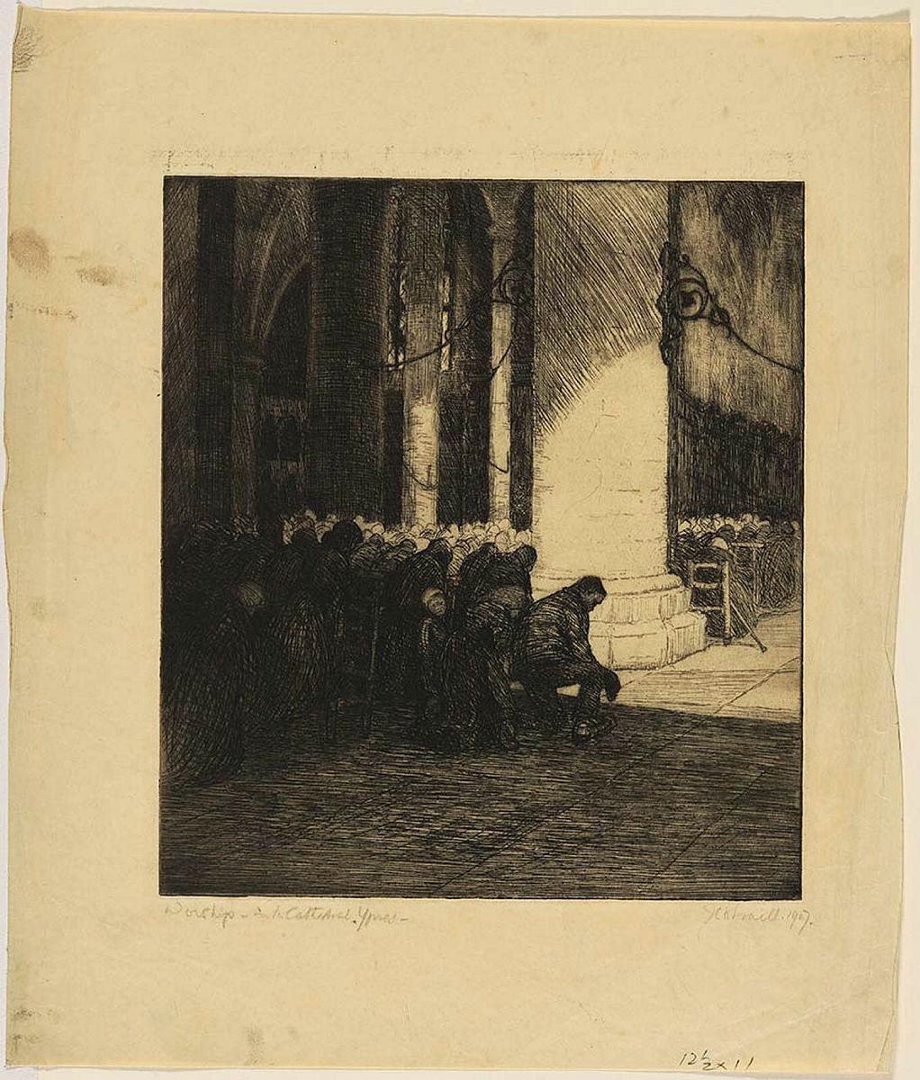 Artwork Worship in the Cathedral, Ypres this artwork made of Etching on yellowed Oriental paper, created in 1907-01-01