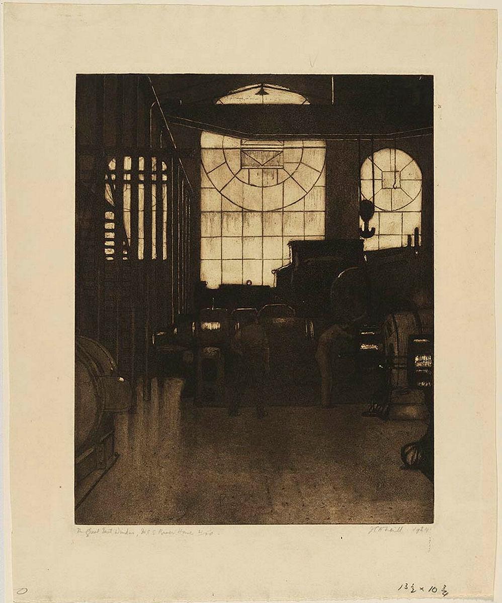 Artwork The Great East Window, M.E.S. Power House this artwork made of Etching and aquatint on cream wove paper, created in 1924-01-01