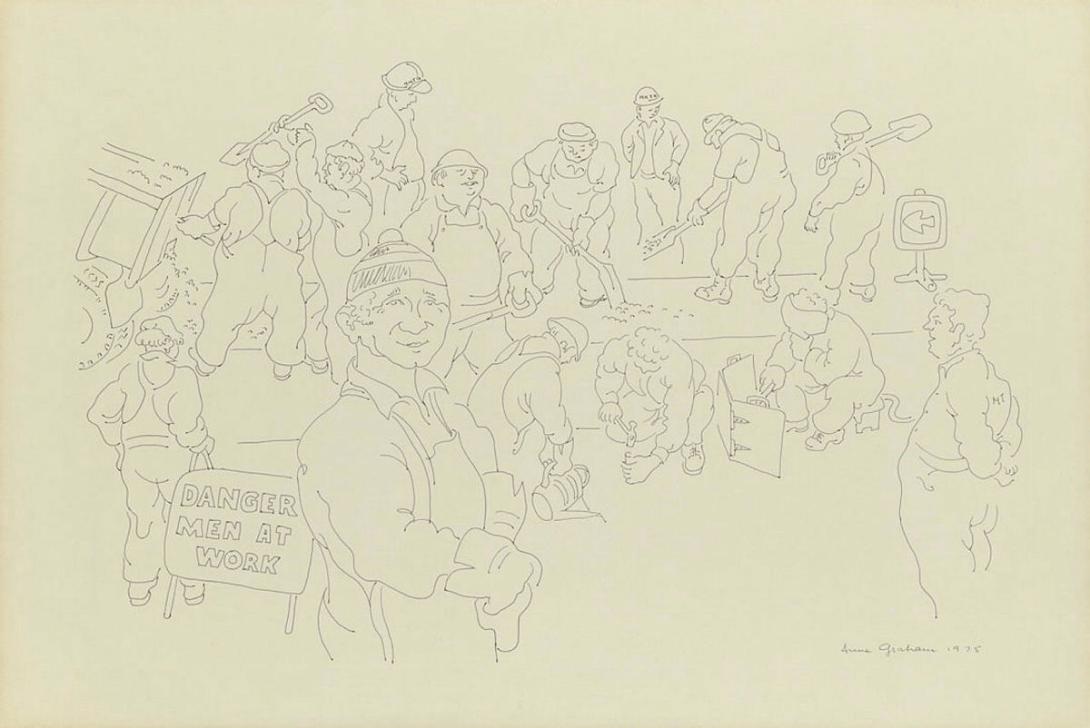 Artwork Danger, men at work this artwork made of Pen and purple ink on paperboard, created in 1975-01-01