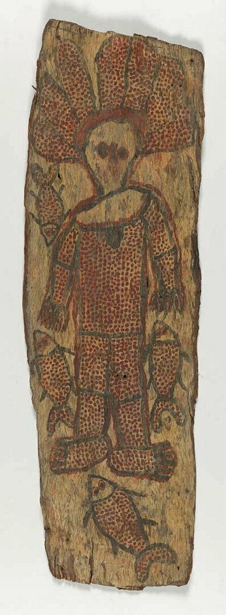 Artwork Wandjina/Kaiara figure with fish this artwork made of Wandjina/Kaiara figure with fish BUNGKUNI, Mickey c.1966-71 1966 1971 on eucalyptus bark, created in 1966-01-01