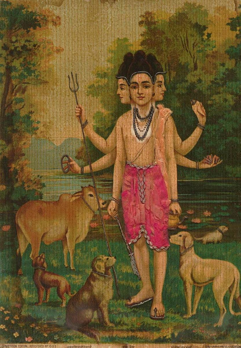 Artwork Dattatreya this artwork made of Oleograph with Zardosi embroidery, created in 1894-01-01