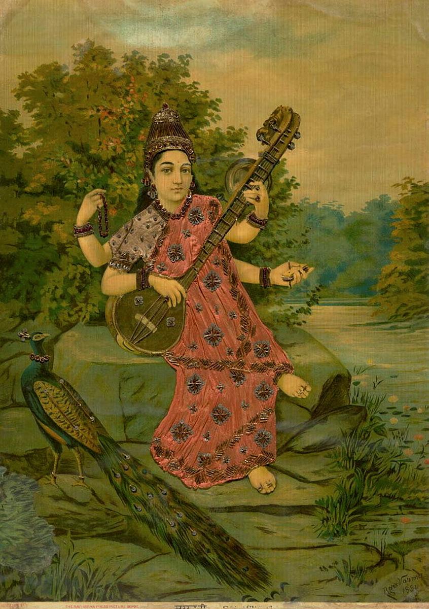 Artwork Sarasvati this artwork made of Oleograph with Zardosi embroidery, created in 1894-01-01