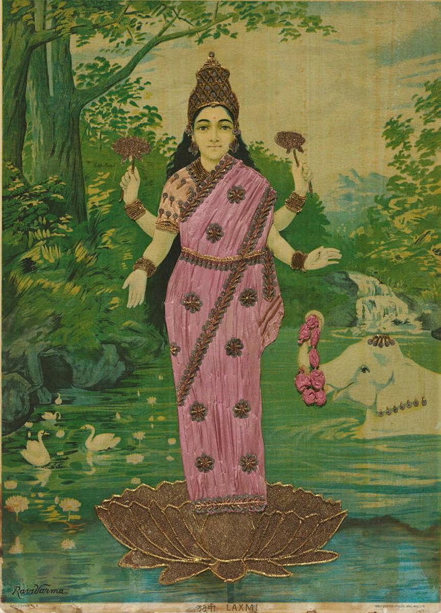Artwork Laxmi this artwork made of Oleograph with Zardosi embroidery, created in 1894-01-01