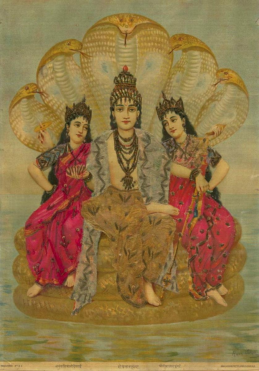 Artwork Sheshnarayan this artwork made of Oleograph with Zardosi embroidery, created in 1894-01-01