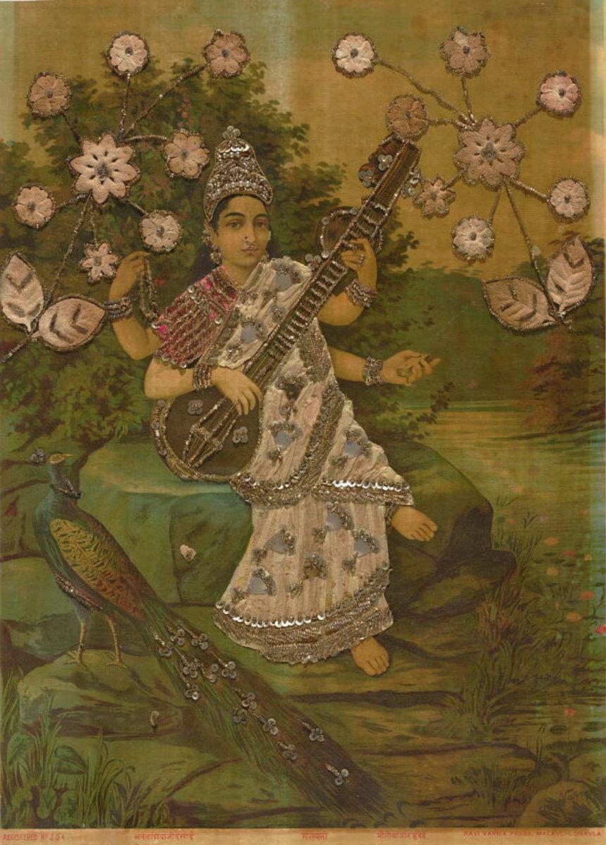 Artwork Saraswati this artwork made of Oleograph with Zardosi embroidery, created in 1894-01-01