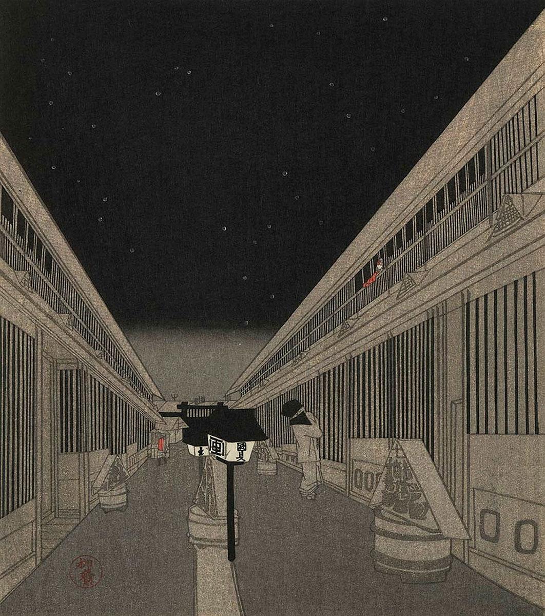 Artwork Corridor of buildings at night this artwork made of Colour woodblock print on paper