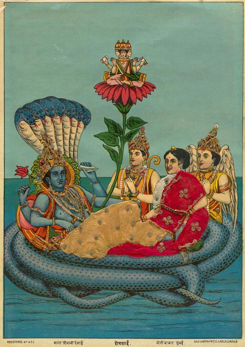 Artwork Sheshashayi this artwork made of Oleograph with Zardosi embroidery, created in 1894-01-01