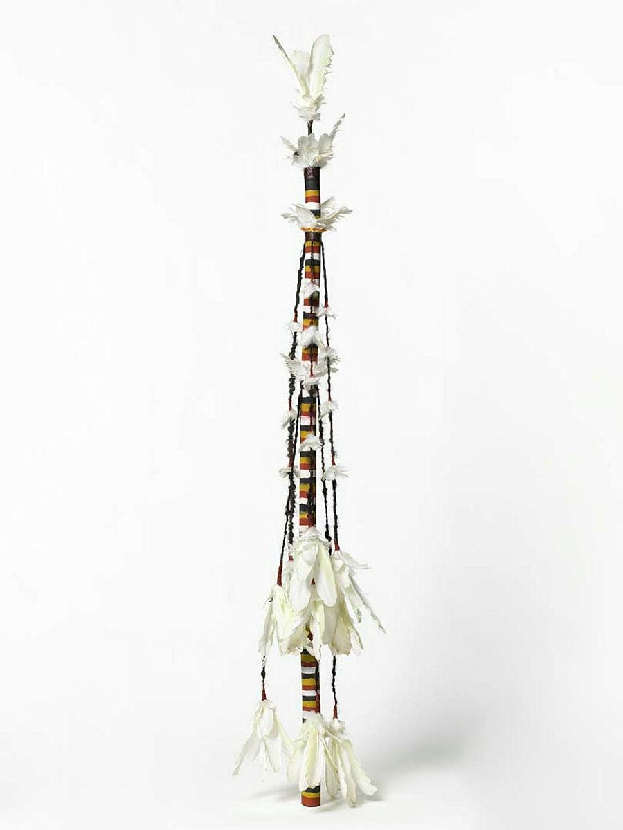 Artwork Banumbirr (Morning Star pole) this artwork made of Wood, human hair, cotton thread, native beeswax, natural pigments, synthetic polymer paint, created in 2001-01-01