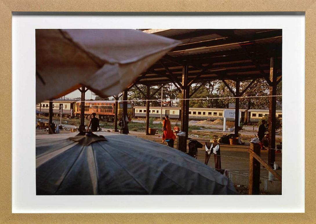 Artwork Untitled (monk and train) this artwork made of Ultra-glossy type C photograph on paper in medium density fibreboard frame, created in 2000-01-01