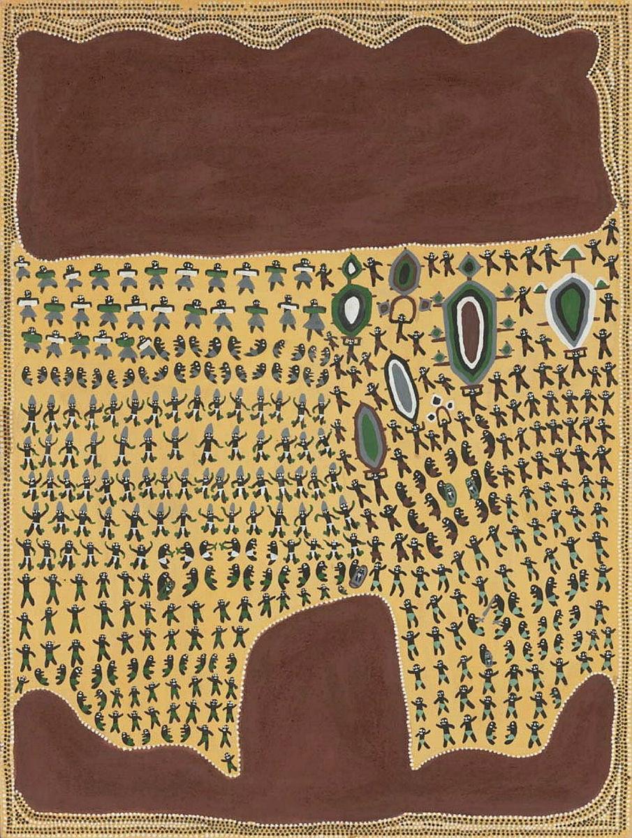 Artwork Corroboree at Jasper Gorge this artwork made of Natural pigments on linen, created in 2000-01-01