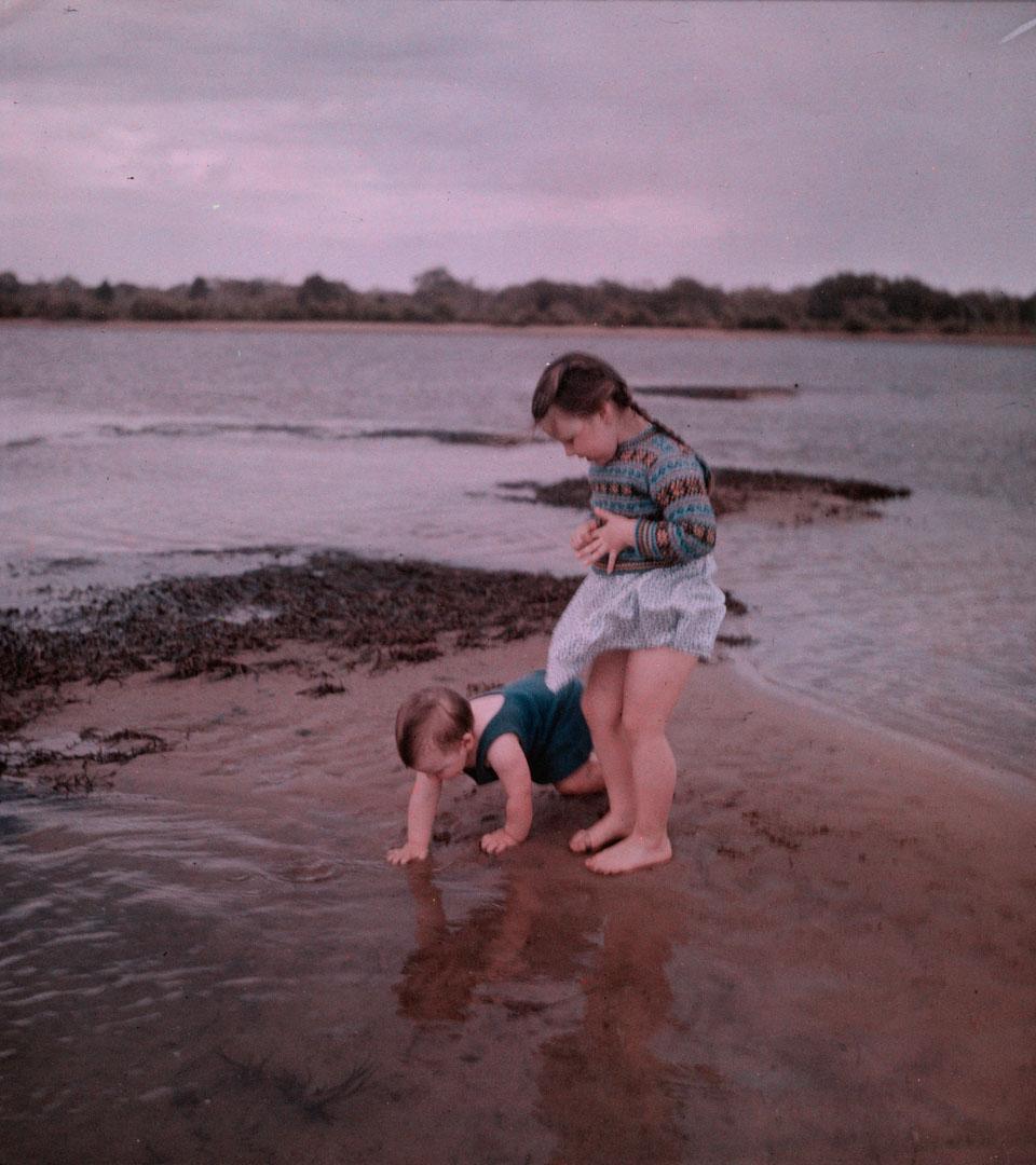 Artwork (Rosemary and Margaret on a sand-bar) this artwork made of Cellulose acetate Dufay colour transparency (originally in a glass mount), created in 1935-01-01