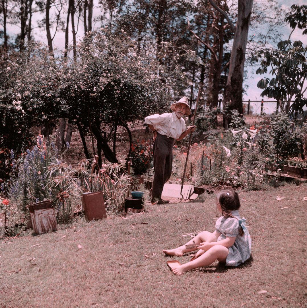 Artwork (J.H. Simmonds, Snr gardening and Rosemary at 'Pen-y-bryn') this artwork made of Cellulose acetate Dufay colour transparency (originally in a glass mount), created in 1935-01-01