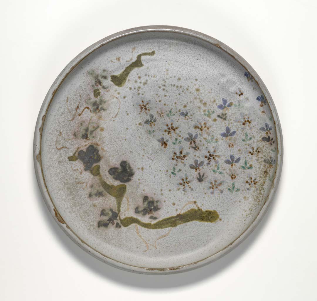 Artwork Platter:  Kimono and flower pattern this artwork made of Stoneware, thrown with mepthalene syenite glaze and oxide floral decoration. Fired in a gas kiln to cone 8., created in 1980-01-01