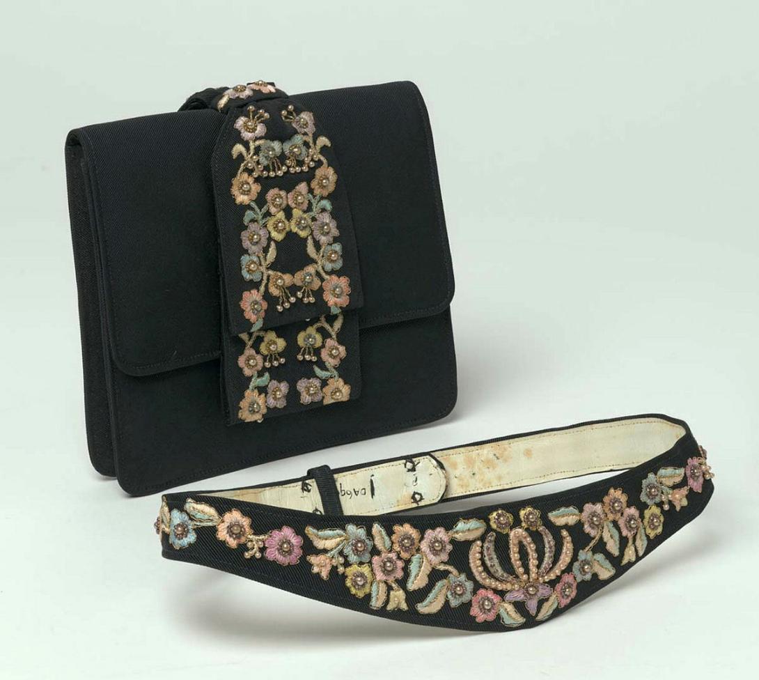 Artwork Handbag & belt this artwork made of Black gros grain fabric embroidered with coloured and metallic threads and seed pearls, created in 1949-01-01