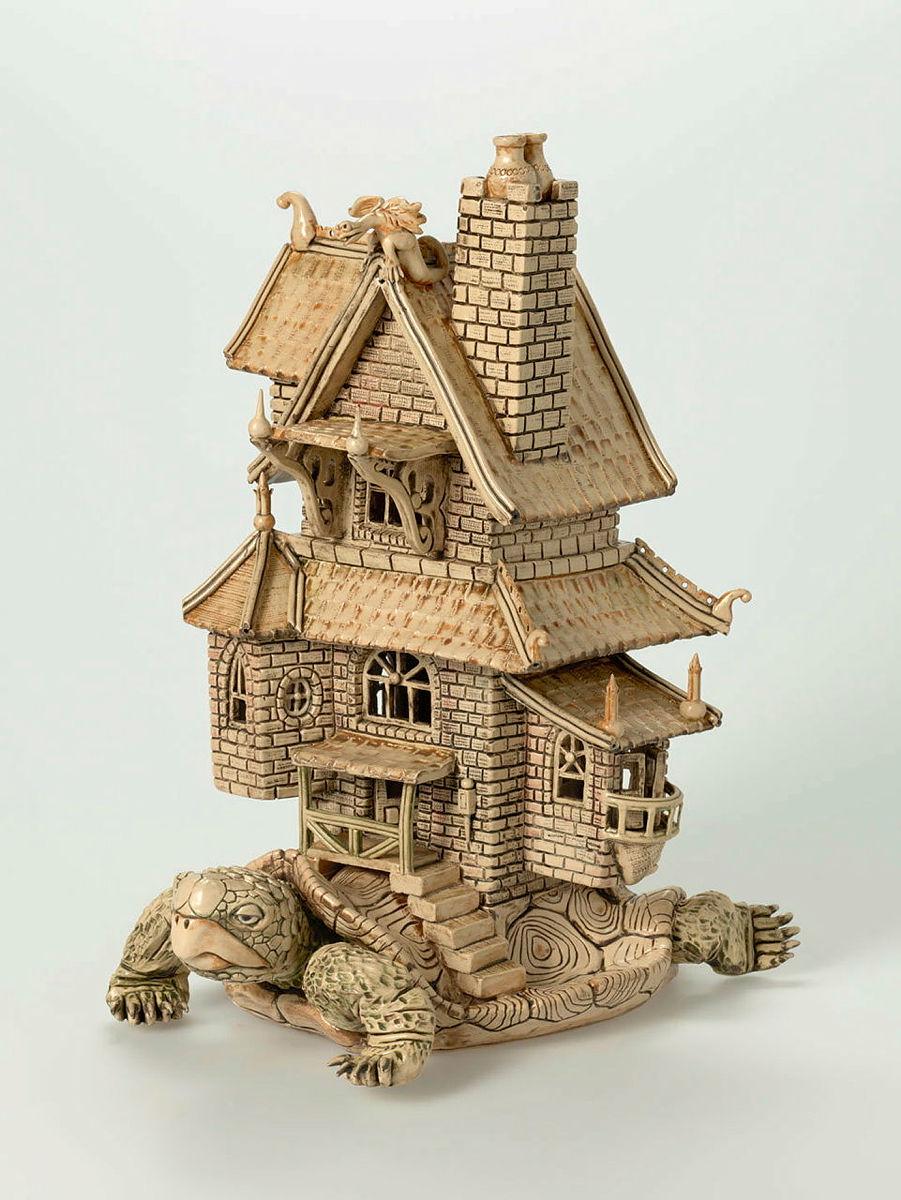 Artwork Sculpture: Housebound this artwork made of Stoneware, modelled and carved in the form of a tortoise with an elaborate house on its back, created in 1982-01-01