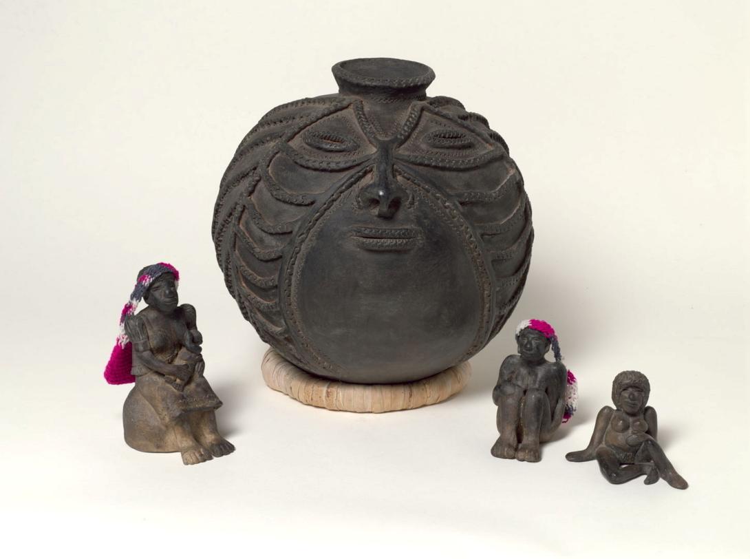 Joyce Mary Arasepa Gole OL (Mary Gole) / Various earthenware works Four earthenware works, including three small figures and one large round pot with a face design applied.