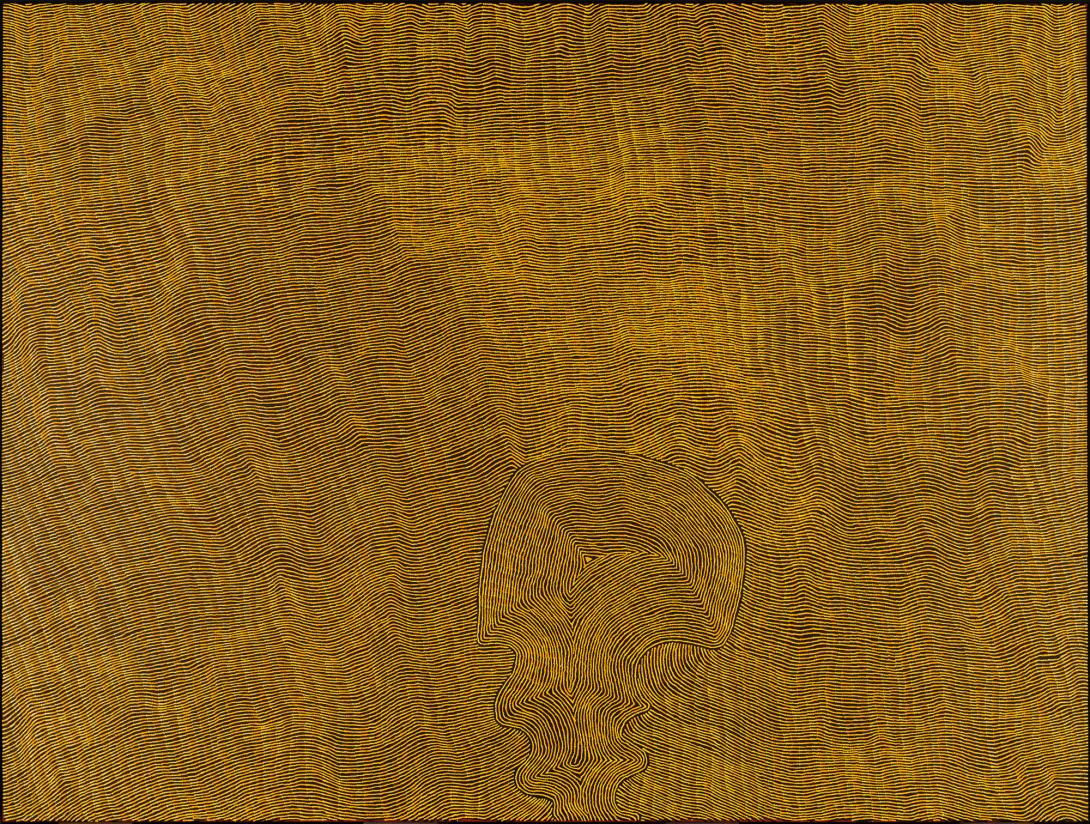 A painting of fine yellow marks on a black background, painted on linen.