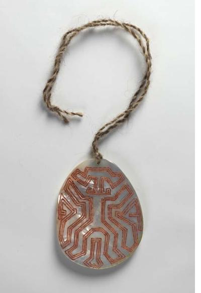 Aubrey Tigan / Bardi/Jawu people, b.1945 / Riji (pearlshell pendant): Man/Beast Ilyarrgan/Jawi 2006 / Pearlshell, hair string with natural pigment / Purchased 2006. Queensland Art Gallery Foundation / Collection: Queensland Art Gallery | Gallery of Modern Art / © Aubrey Tigan/Copyright Agency 