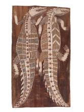Two crocodiles, shown in an Indigenous Australian X-ray style art