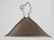 A woven bag made from rusted fly-wire gauze and fencing wire, in the shape of a triangle