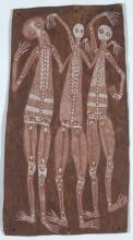 Three figures in an Indigenous Australian artist style, arms upraised, looking direct to the viewer