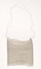 A bag woven from silk-coated wire, looped and twined, with a long tote-style handle