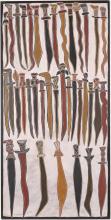 A painting of swords and knives in natural pigments on wood
