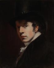 A oil painting of a young man's angular face; he is wearing a tall black hat and a neckerchief, and he looks directly at the viewer. Behind him, the background is dark.