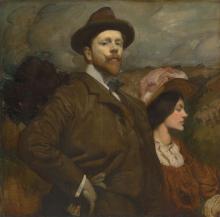 An oil painting depicting a man and his wife, dressed in Edwardian-era clothing; the man, in suit and hat, looks directly at the viewer. The woman, seated to his right, wears an orange-brown dress and a hat, and has her eyes closed. A pastoral scene is behind them.