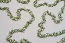 An installation view of a coiled necklace made from small iridescent green shells.